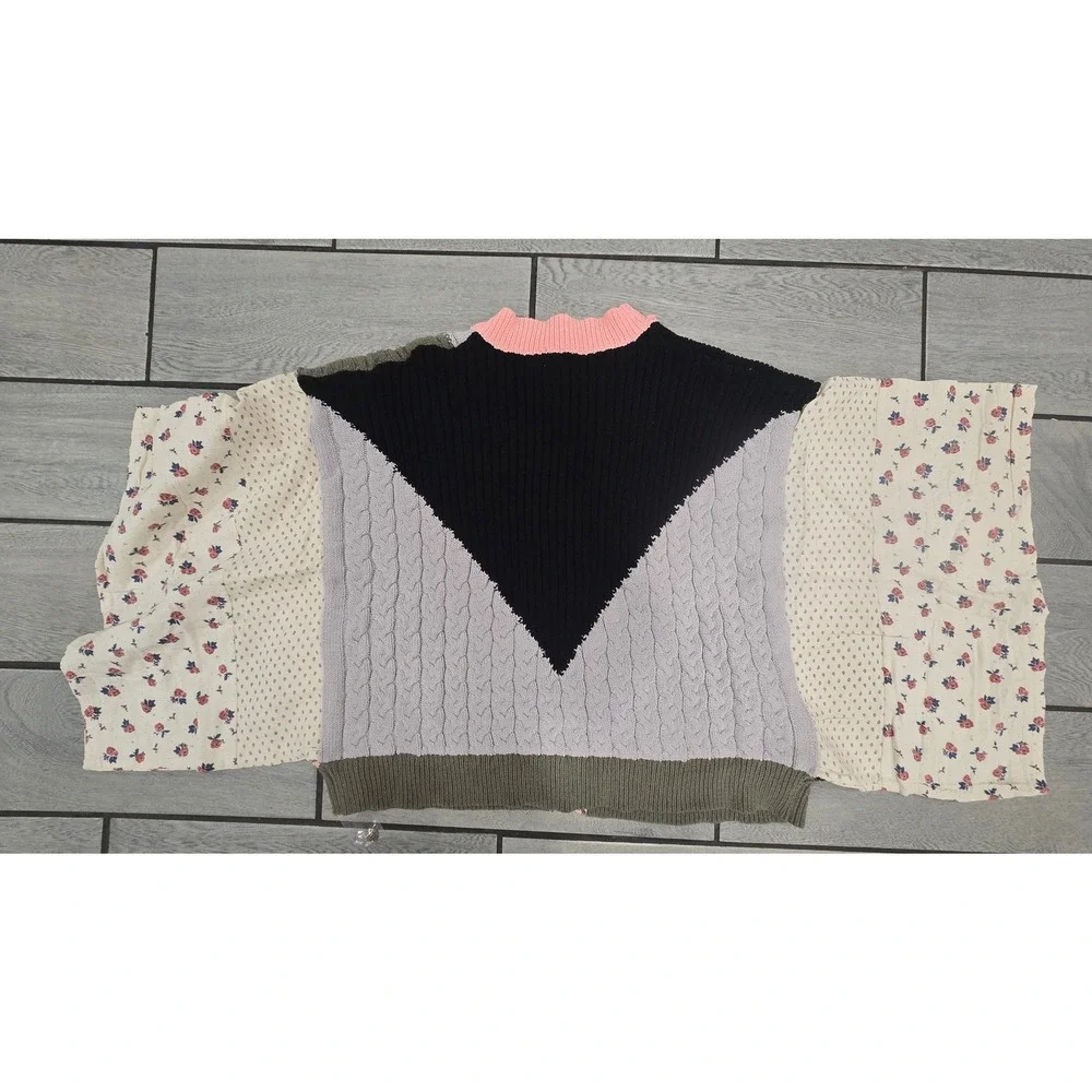 POL Patchwork Cable Knit Floral Cardigan Oversized Boho Multi Color M- NWOT